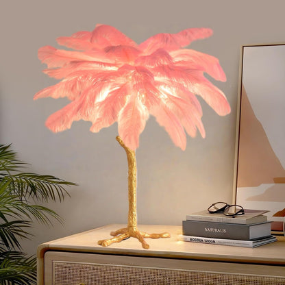 ZYLEISENBAO Pink Feather Bedside Lamp Romantic Ostrich Feather Table Lamp Fuzzy Princess Lamp with Gold Resin G4*3 Nordic Nightstand Light for Girl Bedroom Living Room Office Birthday Gift