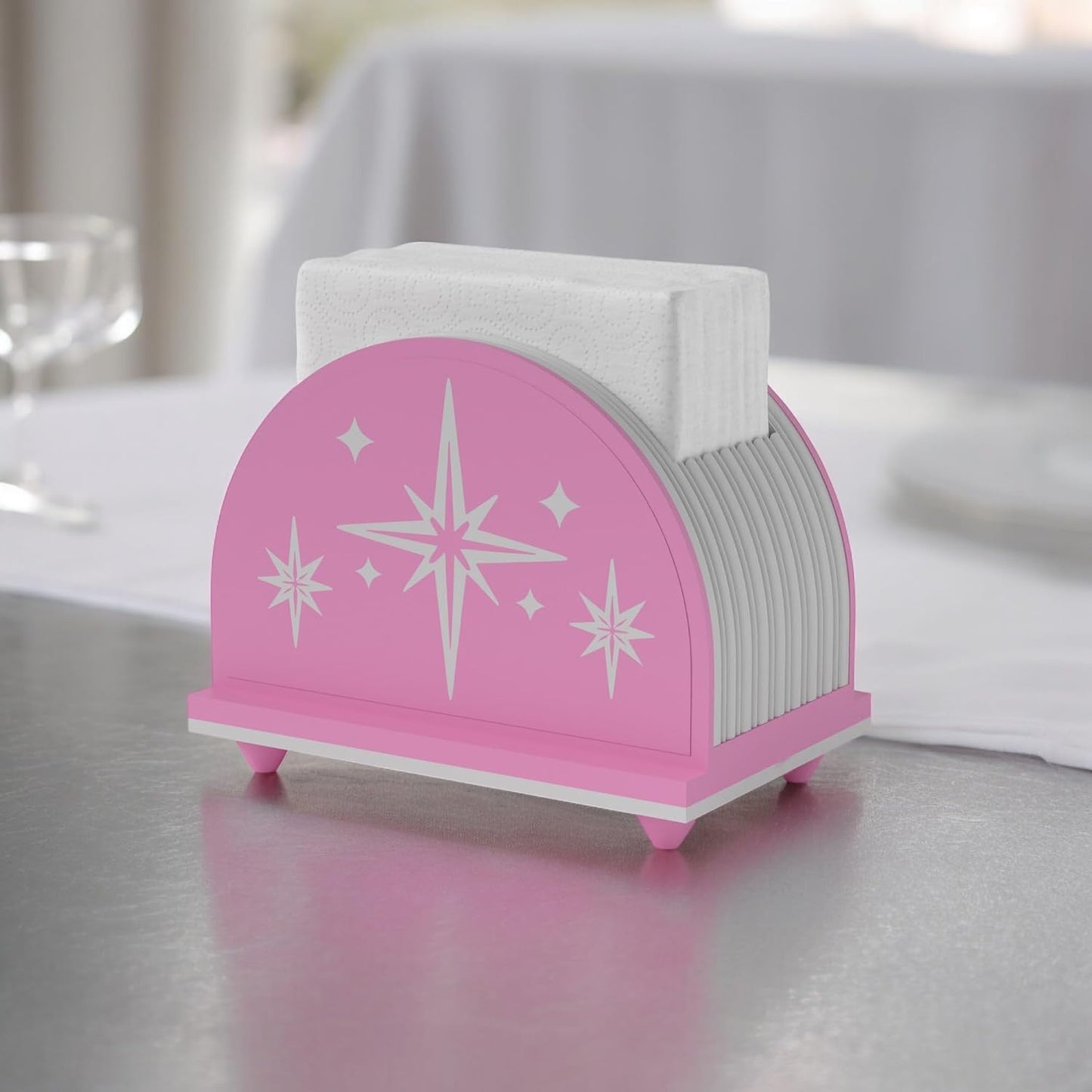 Mid Century Mod Arc Starburst Napkin Holder Retro Kitchen Decor 1960s 50s Atomic Era Gift Unique MCM Midmod Table Dinner Lunch Decoration (Pink/White)