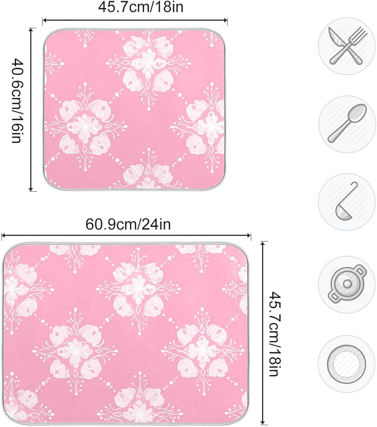 OTVEE Light Pink Pattern Dish Drying Mat for Kitchen Counter Absorbent Heat Resistant Microfiber Dishes Drainer Mat 16x18 in Dish Pad Sink Mat Protective Pad Kitchen Decor