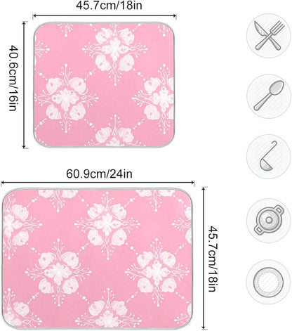 OTVEE Light Pink Pattern Dish Drying Mat for Kitchen Counter Absorbent Heat Resistant Microfiber Dishes Drainer Mat 16x18 in Dish Pad Sink Mat Protective Pad Kitchen Decor