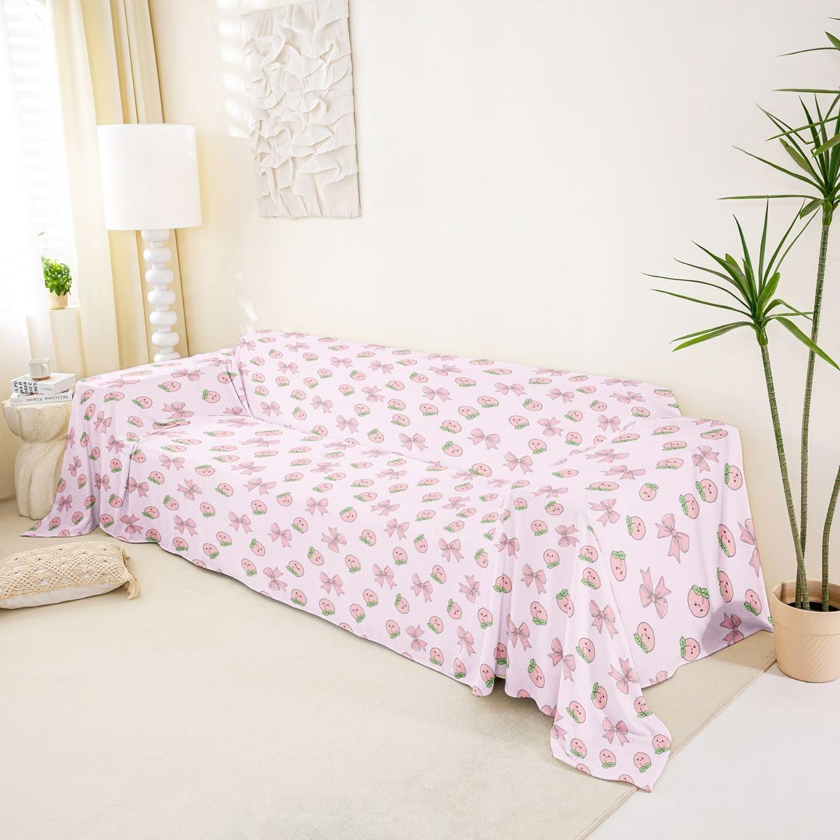 Erosebridal Bowknot Couch Blanket 71" x 118" Peach Non Slip Soft Sofa Cover Cute Cartoon Peaches Kawaii Pink Bow Cat Proof Sofa Slipcovers Fruit Princess Ribbon Bowtie Washable Sofa Protector
