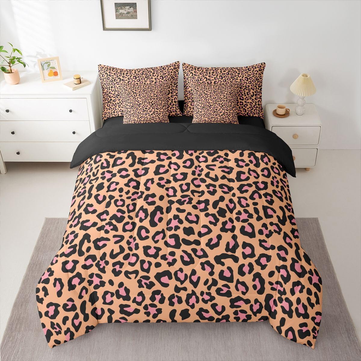 Erosebridal Girly Leopard Print Twin Size Bedding Set Animal Print 7 Pieces Comforter Set with Sheets Girl Women Golden Yellow Wildlife Cheetah Bed in a Bag Fashion Peach Pink Bed Sets