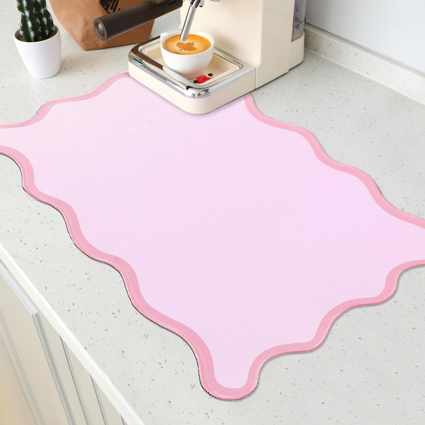 Nuanchu Pink Coffee Mat 12" x 19" Pink Coffee Bar Accessories Cute Dish Drying Mat for Kitchen Counter Scalloped Aesthetic Waterproof Coquette Drainer Pad