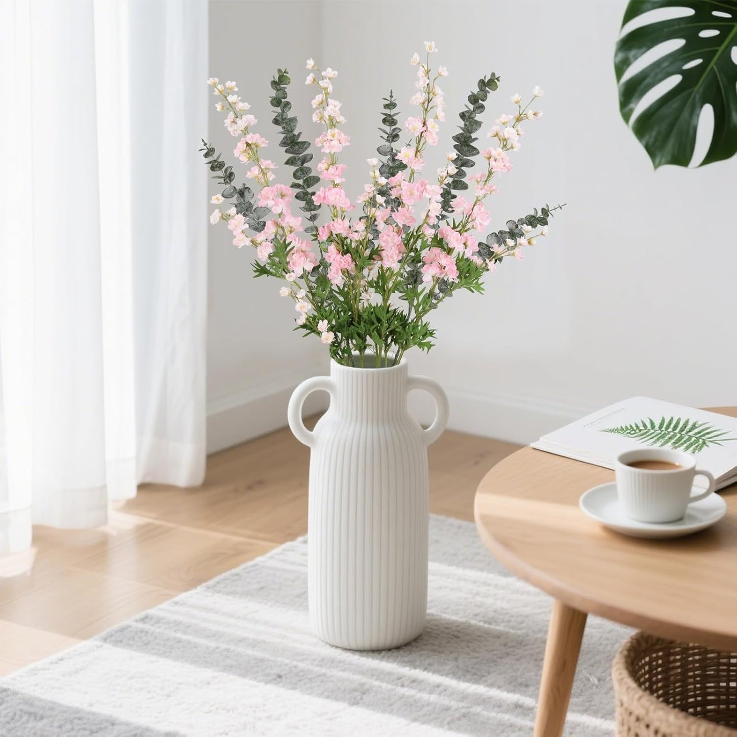 Delphinium Artificial Flowers and Eucalyptus Stems Combo, 6PCS Long Stem Faux Flowers for Tall Vase,Silk Larkspur for Engagement Party Wedding Baby Shower Home Seasonal Decoration(Light Pink)