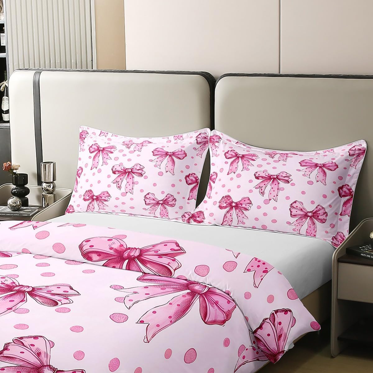 Erosebridal Pink Princess Bow 100% Cotton Duvet Cover Twin Cute Coquette Bowknot Bedding Set for Kids Girls Adults Kawaii Ribbon Bow Comforter Cover Pink Watercolor Polka Dot Bed Set 2 Pcs