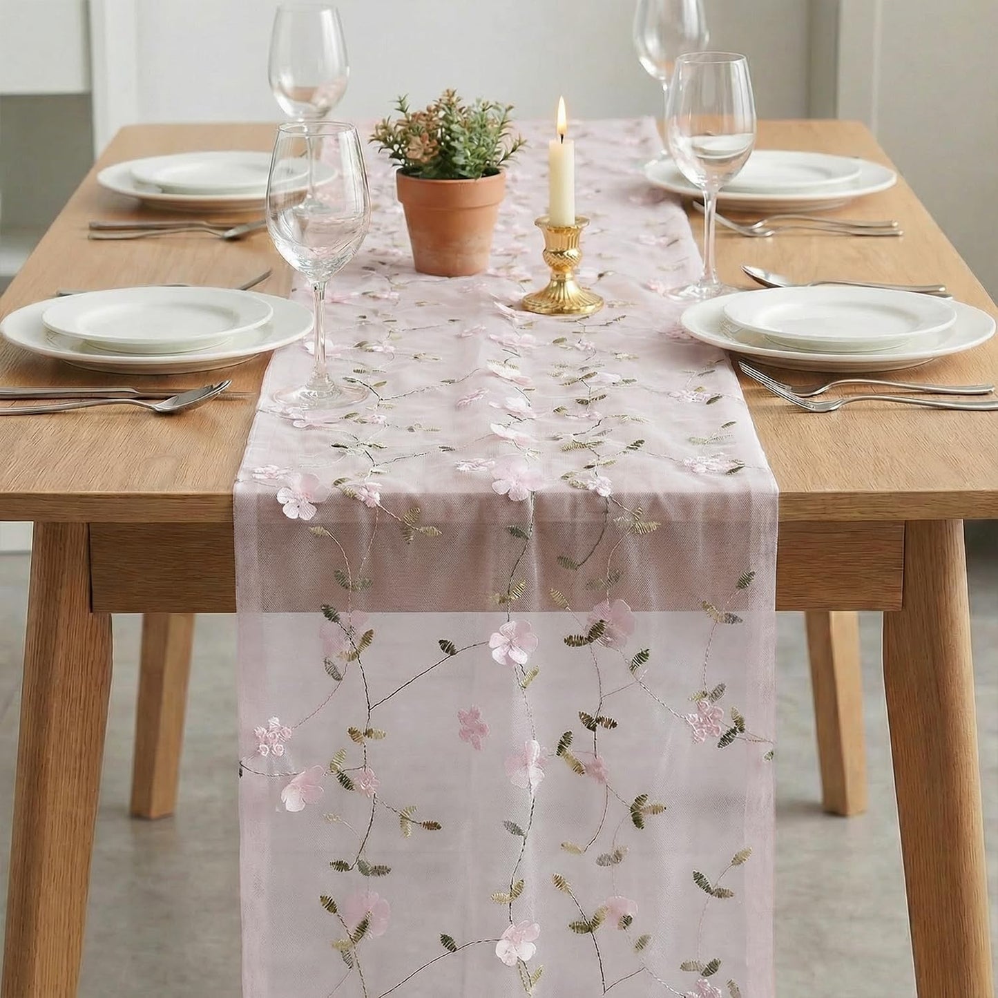 Artoid Mode 3D Flower Pink Gauze Embroidery Table Runner 120 Inch 10FT, Tulle Seasonal Spring Kitchen Dining Holiday Table Decor for Home Party