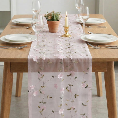 Artoid Mode 3D Flower Pink Gauze Embroidery Table Runner 120 Inch 10FT, Tulle Seasonal Spring Kitchen Dining Holiday Table Decor for Home Party