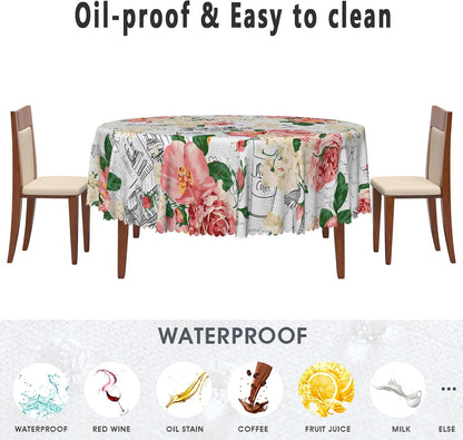 Modern Flowers Tablecloth 60 Inch Circle Vintage Style French Flower Seasonal Washable Wrinkle Free Spill Proof Polyester Wedding Birthday Round Table Cover for Dining Table Farmhouse Kitchen