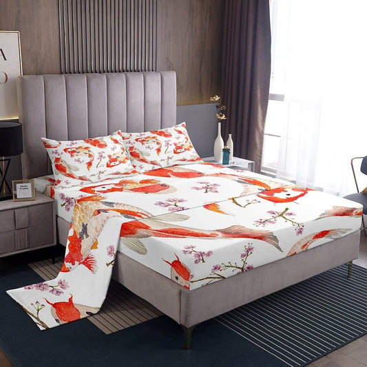 Colorful Goldfish Fitted Sheet Full Size,Pink Peach Blossom Bed Sheet for Kids Teens Adults Room Decor,Gorgeous Animals Plants Bedding Set Traditional Chinese Style Top Flat Sheet,2 Pillowcases