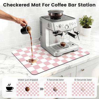 12" x 20" Checkered Dish Drying Mat for Kitchen Counter, Absorbent Coffee Bar Mat for Espresso Machine Coffee Countertops Accessories, Pink