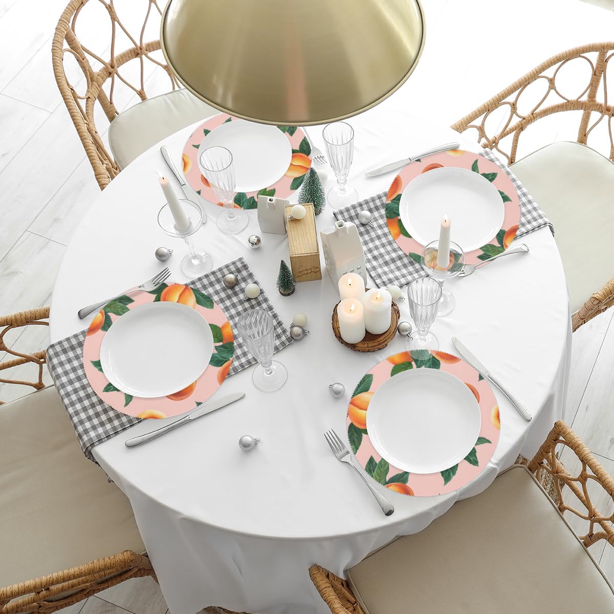Round Placemat Set of 6-15 Inch Non Slip Heat Resistant Table Mats Washable Place Mats for Kitchen Dining Party Table Decor Peach Pattern