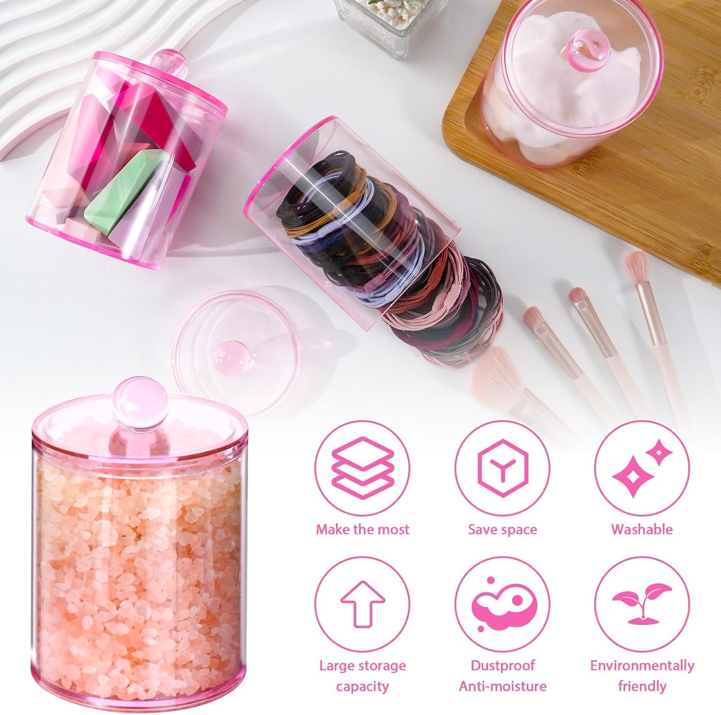 XIPENGKEJI 2 Pack Qtip Holder,Canister Apothecary Jar Set, Bathroom Jars with Lids Set for Cotton Swabs, Balls, Pads, Floss Picks,10oz-12oz Plastic Canisters Restroom Bedroom Vanity Organizer(Pink)