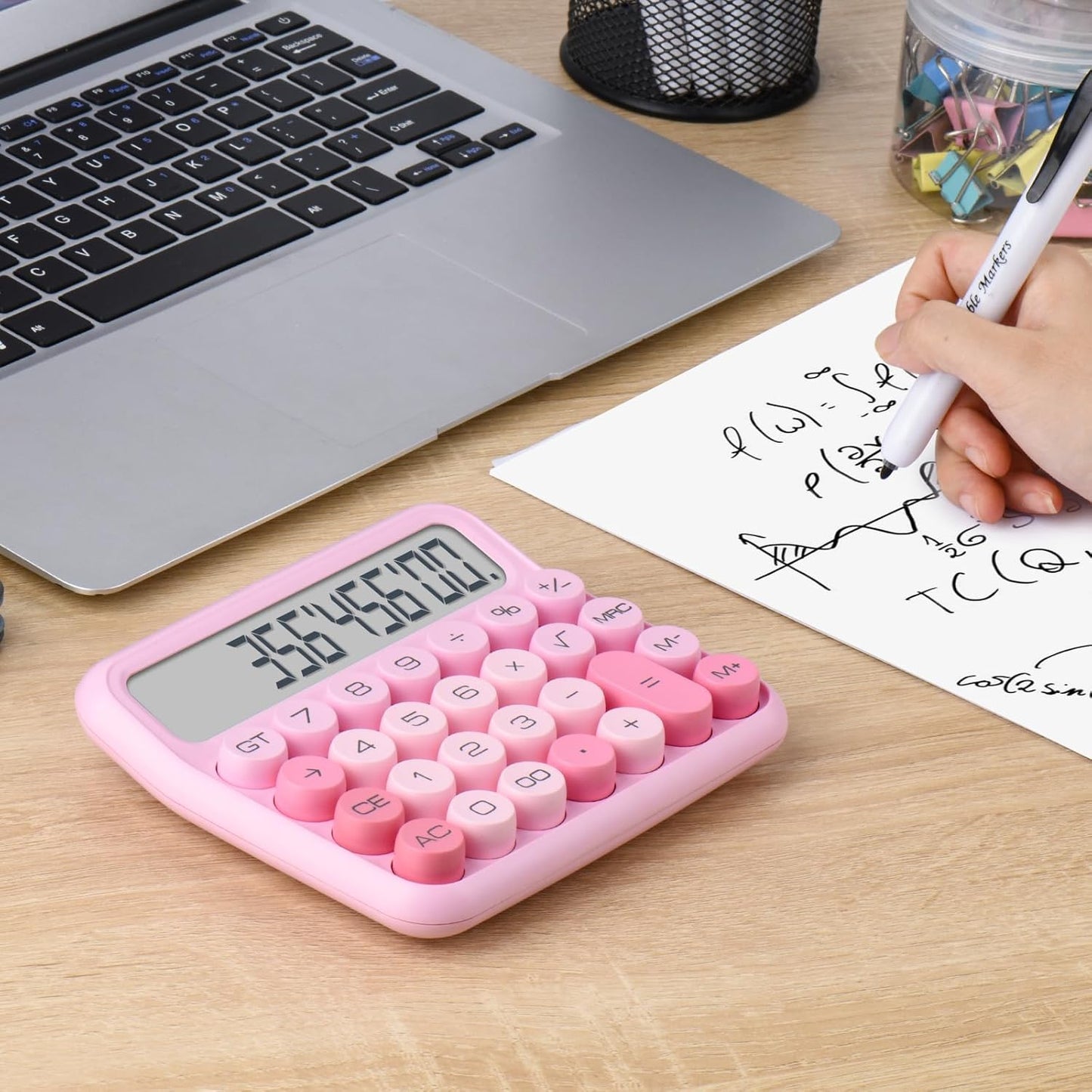 Mechanical Switch 12-Digit Pink Calculator - Large LCD Display, Big Buttons, Desktop, Cute, For Everyday Use
