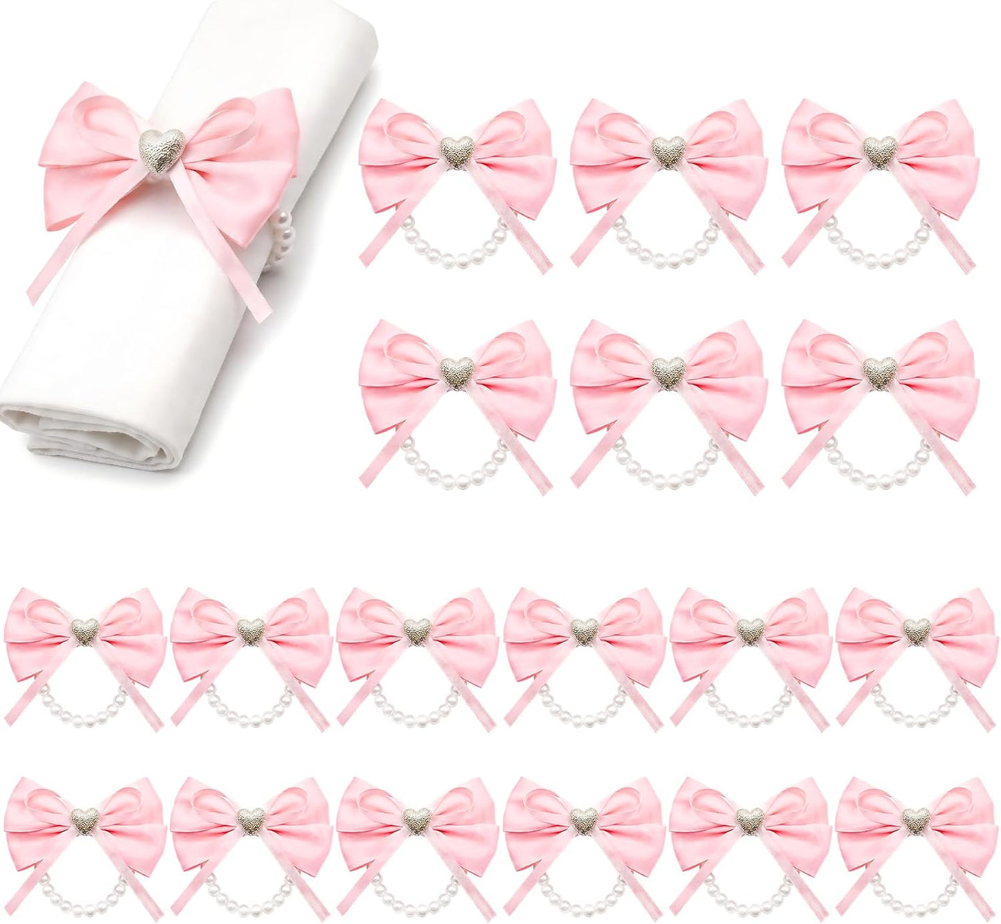 18 Pcs Pink Bow Ribbon Pearl Napkin Rings Adjustable Imitation Pearl String Elegant Napkin Holders for Weddings Bridal Shower Party Banquet and Everyday Use