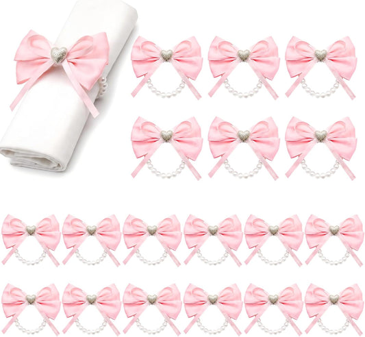 18 Pcs Pink Bow Ribbon Pearl Napkin Rings Adjustable Imitation Pearl String Elegant Napkin Holders for Weddings Bridal Shower Party Banquet and Everyday Use