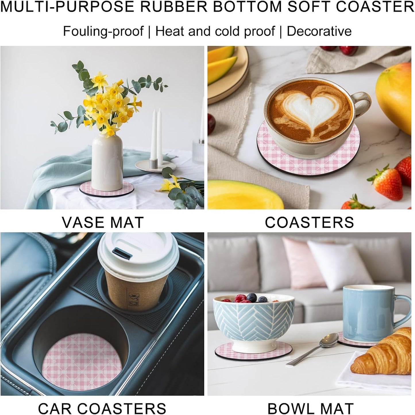 Coasters Set of 6, Pink Plaid Round Drink Coasters for Coffee Table Decor, Farmhouse Art Checkered Modern Absorbent Cup Coaster for Housewarming Gift/Home Décor, 4 Inches