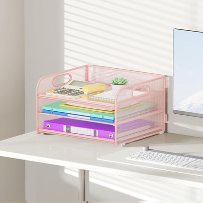 Cawukege 3 Tier Paper Organizer with Handle, Metal Desk Organizer Mesh Paper Letter Tray Desktop File Folder Document Sorter for Classroom, School, Office Accessories Storage (1, Pink)