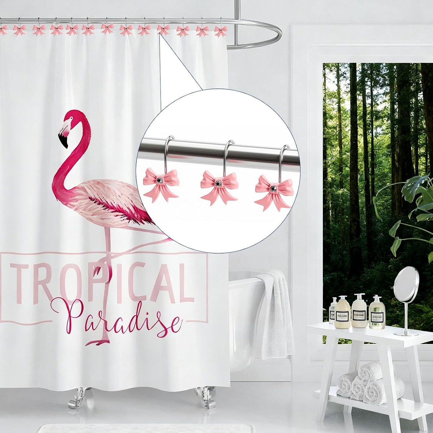 12 Pcs Pink Bow Shower Curtain Hooks, Pink Shower Curtain Hooks for Bathroom and Bedroom Decoration, Cute and Rustproof, Girls Bathroom Decor