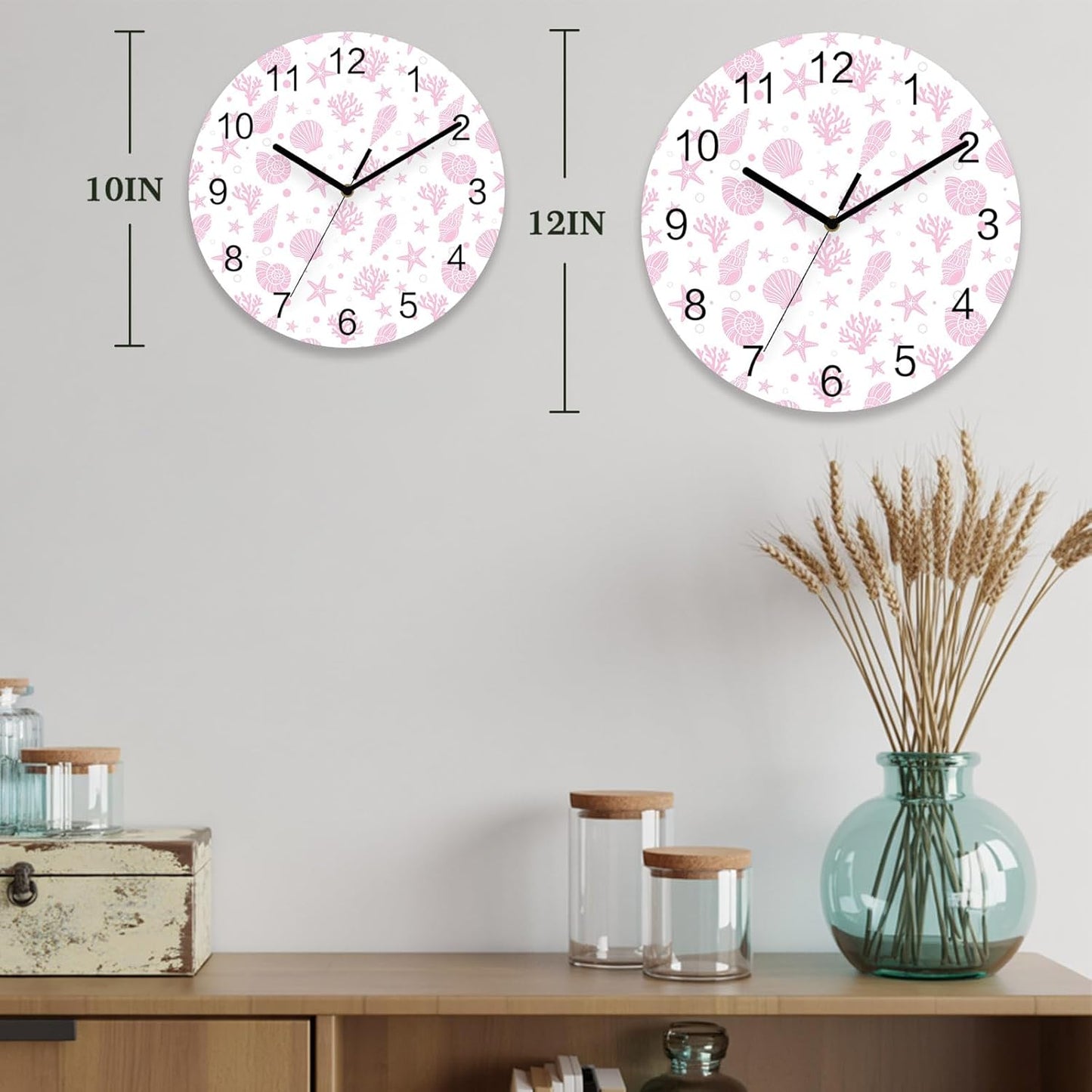 Marine Life Wall Clock Battery Operated Non-Ticking 10" Round Wood Clocks, Pink Ocean Coral Shell Starfish Kitchen Wall Clock for School Bathroom Living Room Home Office Wall Decor