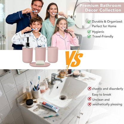 Matte Pink Bathroom Accessories Set, 4 Piece Plastic Bathroom Toothbrush Holder Set, Include Soap Dispenser, Toothbrush Holder, Rinse Cup, Soap Dish, Boho Pink Bathroom Decor for Home, Bathroom Set