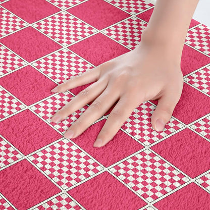 Erosebridal Hot Pink Checkered Bath Mat for Bathroom Gingham Buffalo Plaid Door Mat for Bedroom Geometric Grids Bathroom Rug Non Slip,Modern Entrance Rug 20"x32"