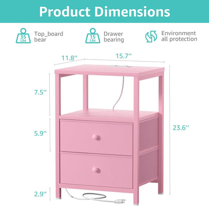 BOLUO Pink Nightstand with Charging Station, LED Night Stand with 2 Fabric Drawers, Bedside Table with USB Ports and Outlets, Nightstand for Bedroom Modern