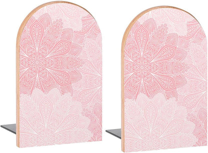 Boho Mandala Pink Flowers Book Ends Decorative Wood Bookends for Shelves Kids Room Desk Home Office Book Stoppers for Magazines,Books, DVDs, 1 Pair/2 Pieces(5x3.1 in)