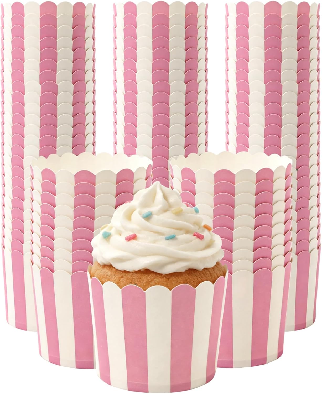 100 PCS Pink and White Striped Cupcake Liners, 6oz Paper Baking Cups and Muffin Liners for Birthday, Wedding, Baby Shower, Bridal Shower, and Party Favors