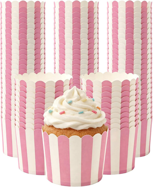 100 PCS Pink and White Striped Cupcake Liners, 6oz Paper Baking Cups and Muffin Liners for Birthday, Wedding, Baby Shower, Bridal Shower, and Party Favors