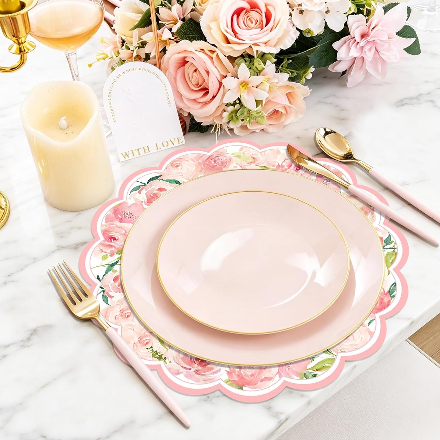 50 Pack Paper Placemats Disposable Pink Rose Floral Wedding Disposable Placemats Round Place Mats Spring Summer Table Mats for Birthday Wedding Anniversary Bride Party Supplies 13.7 Inch
