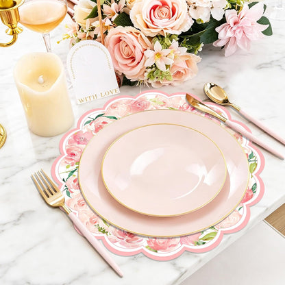 50 Pack Paper Placemats Disposable Pink Rose Floral Wedding Disposable Placemats Round Place Mats Spring Summer Table Mats for Birthday Wedding Anniversary Bride Party Supplies 13.7 Inch