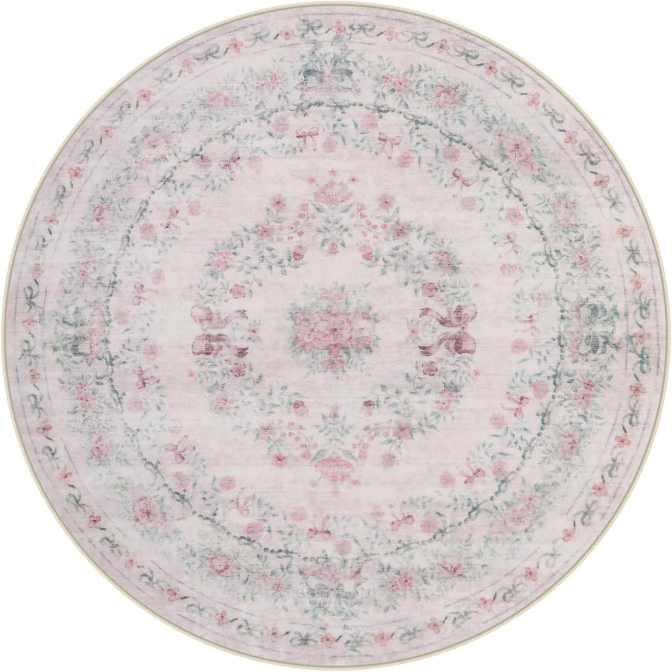 Wonnitar Bow Print Washable 4ft Round Rug, Pink Circle Rug for Girl Nursery Decor, Non Slip Ultra-Thin Soft Boho Floral Small Cute Circular Carpet for Kids Bedroom Baby Room, Light Pink