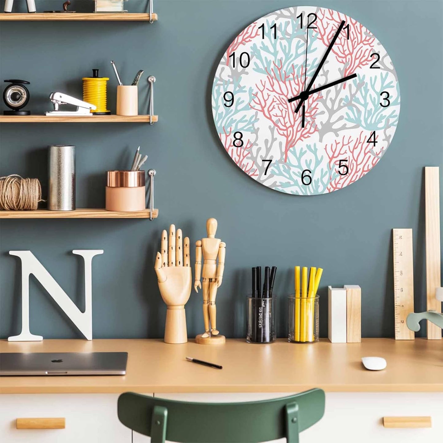 Summer Gradient Pink Teal Ocean Coral Sea Wall Clock Battery Operated Non-Ticking 10" Round Wood Clocks, Kitchen Wall Clock for School Bathroom Living Room Home Office Wall Decor