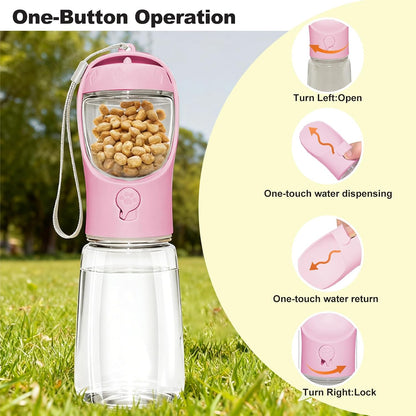 Portable Dog Water Bottle with Food Container, BPA Free Travel Water Bottle for Dogs, 2-in-1 Dispenser Drinking Feeder for Pets Walking, Hiking, Travel, Puppy Essentials, Pink, 12oz
