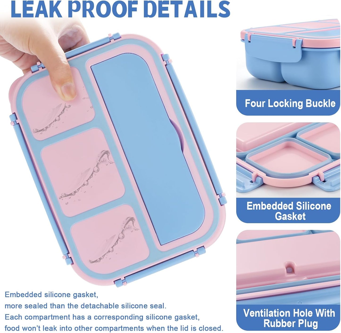 shell and turtle Bento Box Adult Lunch Box, Lunch Containers for Kids Girls Boys with 4 Compartments, Lunchable Food Container with Utensils, Sauce Jar, Muffin Liners, 40 Oz/5 Cup, Blue Pink