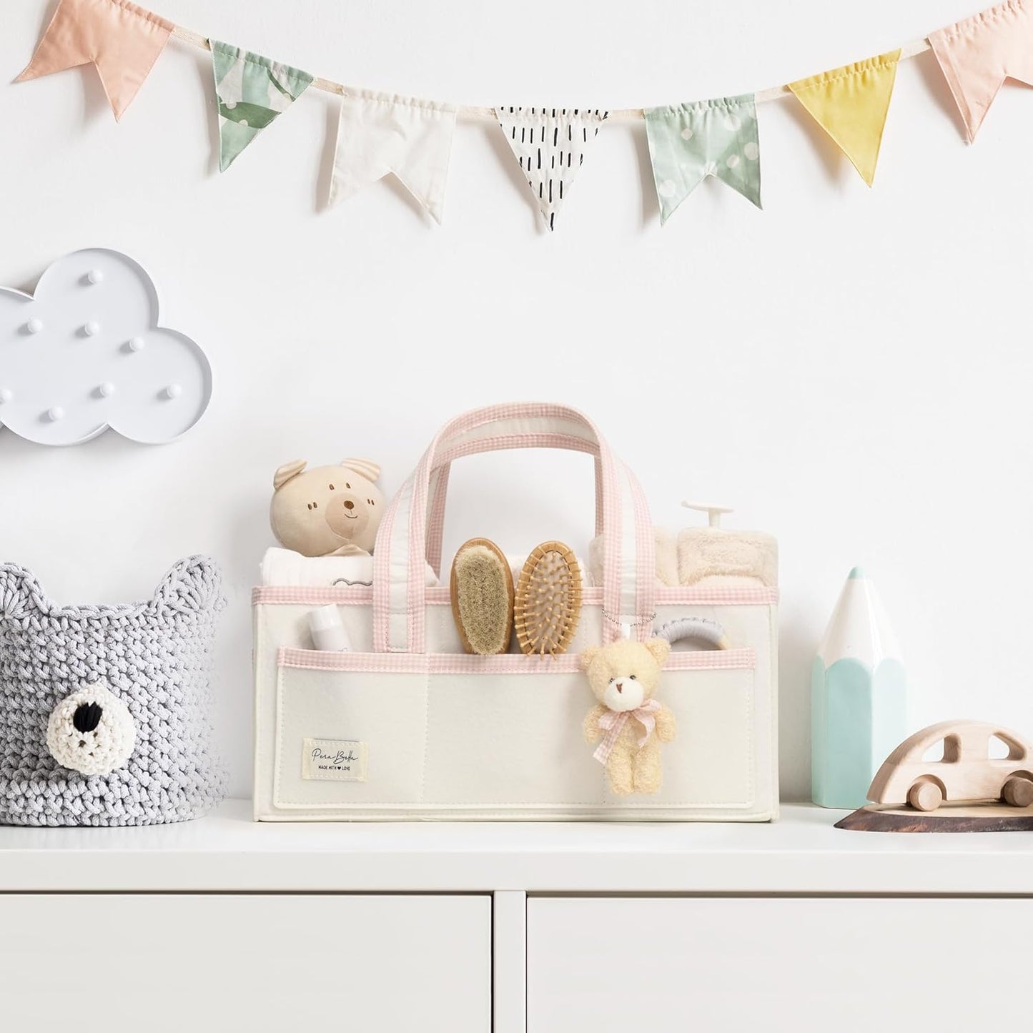 PeraBella Baby Diaper Caddy Organizer, XL Baby Basket Shower Gift Caddy, Portable Felt Changing Table Basket, Nursery Storage Bin, Newborn Boy and Girl Essentials for Registry, Car Diaper Organizer