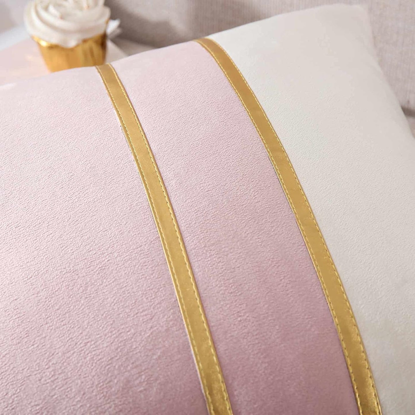 WACOMECO Velvet Throw Pillow Covers - Pack of 2 Soft Decorative Cushion Covers Cases with Gold Leather for Sofa Bedroom Livingroom Car, 18 x 18 in, Blush Pink and White