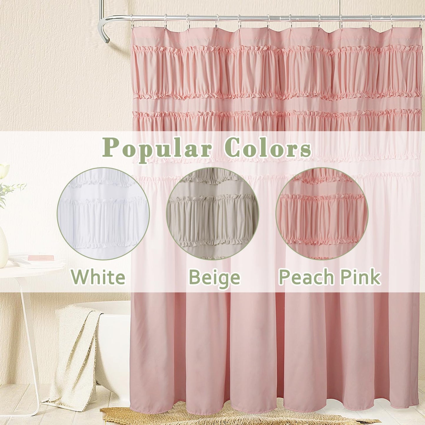 Homechoice Decor Ruched Ruffled Shower Curtain 72" W x 72" H, Peach Pink Microfiber Rustic Decorative Bath Curtain for Bathroom, Farmhouse and Boho Bathroom Décor, Machine Washable (LQ-38)