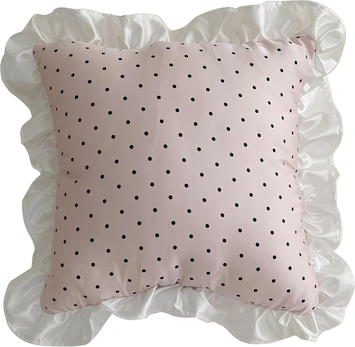 Pink Black Polka Dot Silk Throw Pillow Cover 18x18 Inch, Ruffle Cushion Cover with White Lace Trim, Shabby Decorative Chic Pillowcase for Rustic Living Room, Bedroom & Country Home Decor