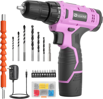 FADAKWALT Cordless Drill Set, 12V Power Drill Set with Battery and Charger, 3/8'' Keyless Chuck, 21+1 Torque Setting, 180 inch-lbs, Pink Electric Drill for Women's Garden DIY Projects（Pink)