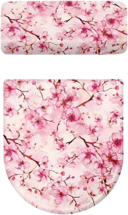 Peach Blossom Toilet Lid Covers for Bathroom Set Soft Toilet Seat Cover Set with Elastic Band Washable Elongated Home Decoration