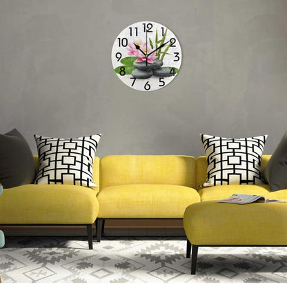 Pretty Large 10 Inch Zen Stones Bamboo Pink Lotus Flower Decor Round Wall Clock,Battery Operated Analog Quiet Non Ticking Desk Clock for Home/Kitchen/Living Room/Bedroom/Bathroom/Office
