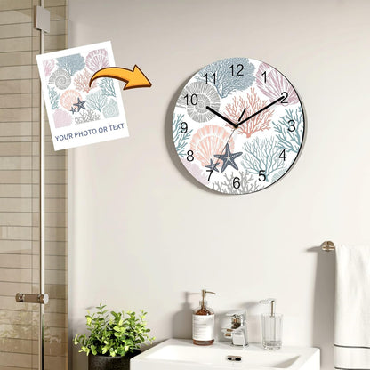 Underwater World Wall Clock Battery Operated Non-Ticking 10" Round Wood Clocks, Marine Life Starfish Coral Shell Pink Kitchen Wall Clock for School Bathroom Living Room Home Office Wall Decor