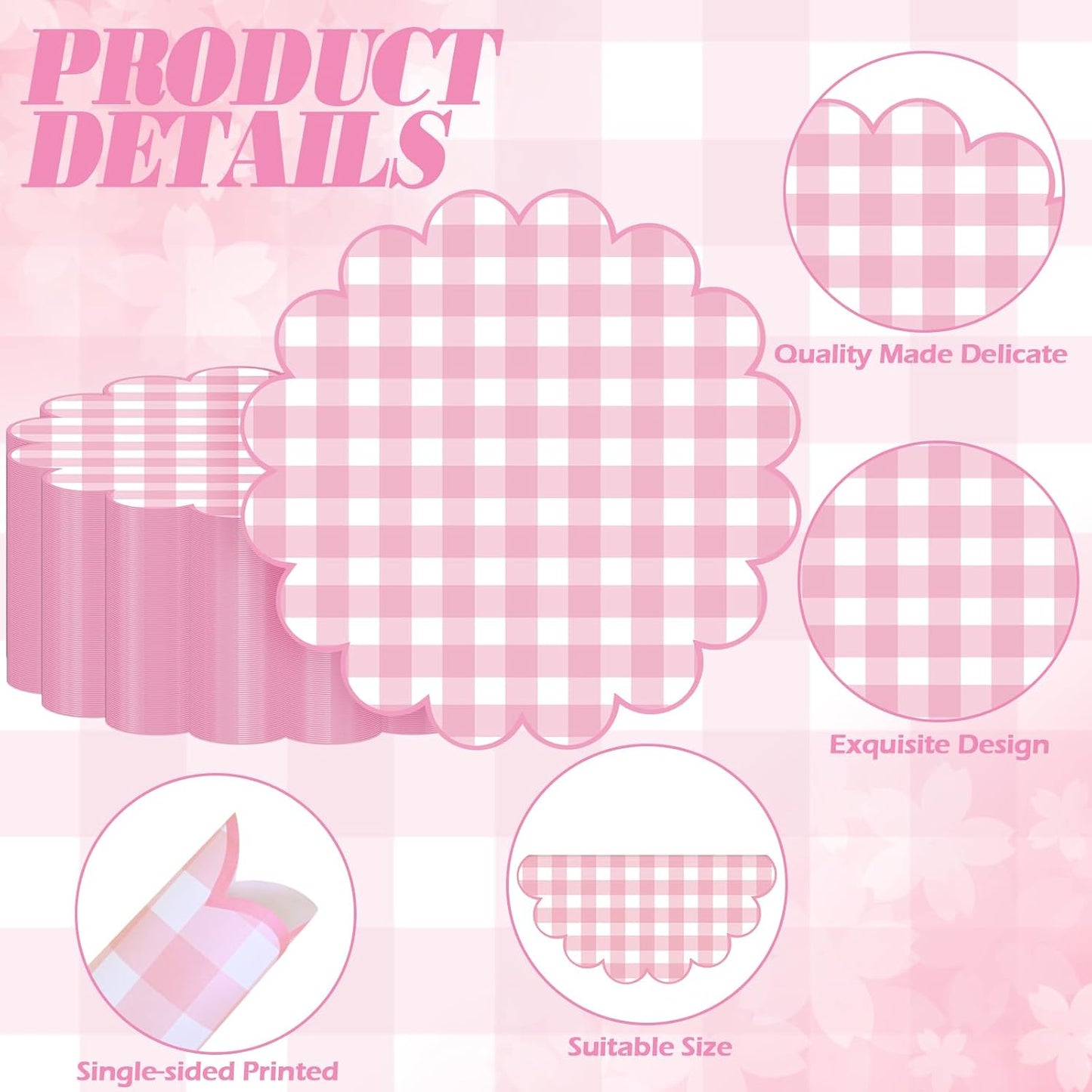 100 Pcs Checkered Paper Placemats Pink Gingham Place Mats 13.5 Inch Disposable Round Decorative Dining Table Mat with Scalloped Edge Paper Cutouts Decor for Picnic BBQ Table Party Supplies