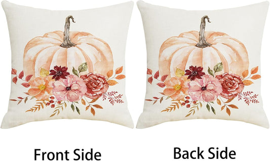 Fall Decor Pumpkin Throw Pillows Cover 18x18 Autumn Orange Pink Floral Outdoor Pillow Covers Set of 2 Thanksgiving Farmhouse Pillow Case Linen Decorative Cushion Cover for Home Couch Bed Sofa Decor