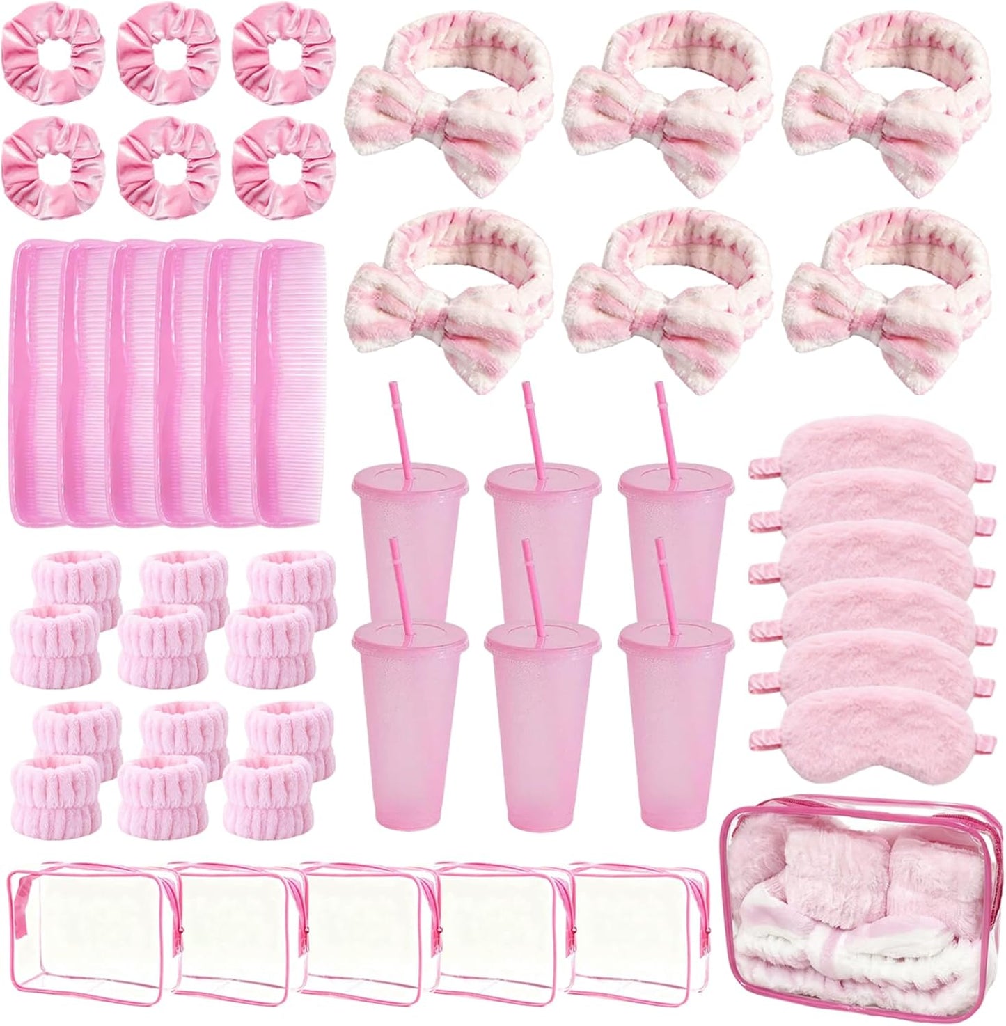 6 Set Sleepover Party Supplies for Women, Spa Party Favors with Eye Mask Hairband Wristband Velvet Scrunchies Plastic Cups Mini Hair Brush Clear Makeup Bag, Slumber Party Supplies for Women (Pink)
