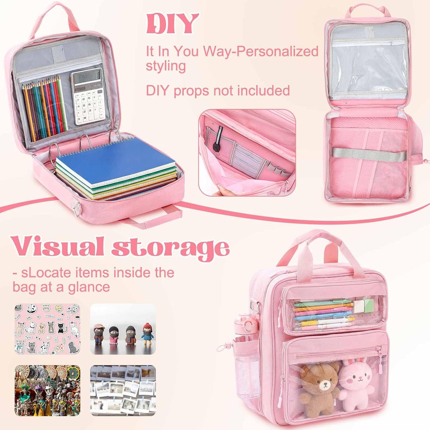 Hillban Zipper Binder 3 Ring with Ita Window, 3 Inch D Ring Binder Bag with Shoulder Strap Fits 14'' Laptop, 600 Sheets Capacity, 3 in 1 Backpack Crossbody Handheld Organizer for Office (Pink)