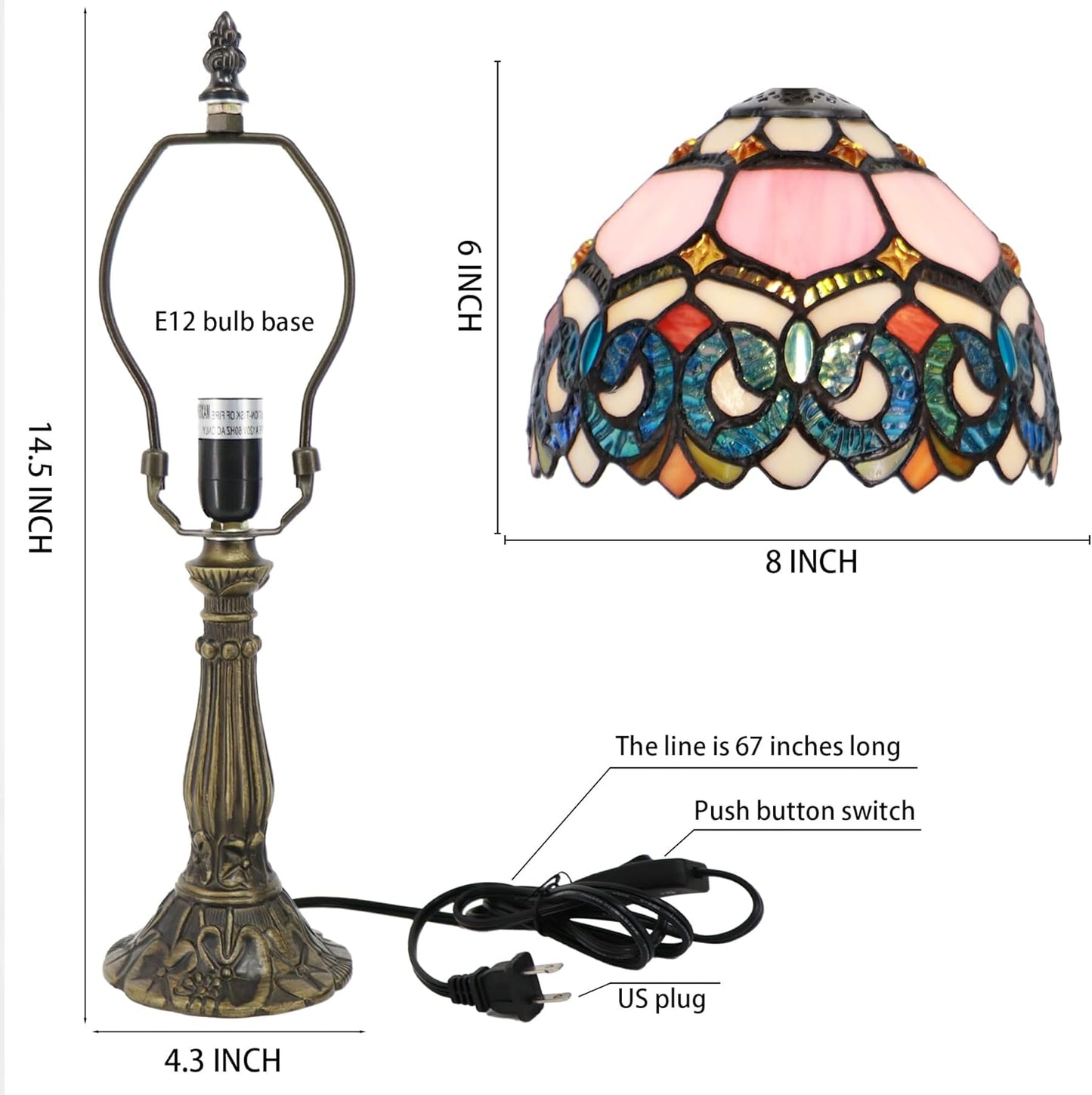 Small Tiffany Lamp Mini Accent Table Lamp Stained Glass Desk Memory Lamp Sympathy 8X14.5 Inch (Pink Baroque Style)
