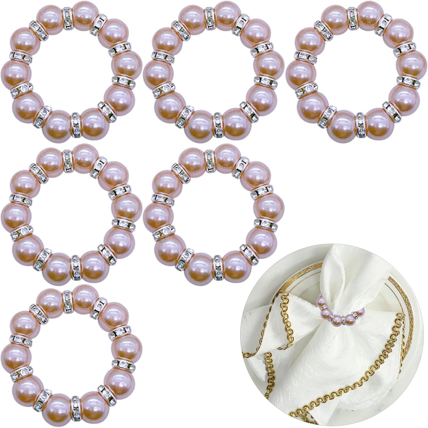 6 PCS Pearl Napkin Rings Stretched Beaded Table Napkin Holder for Christmas Birthday Wedding Anniversary Dinning Party Decor