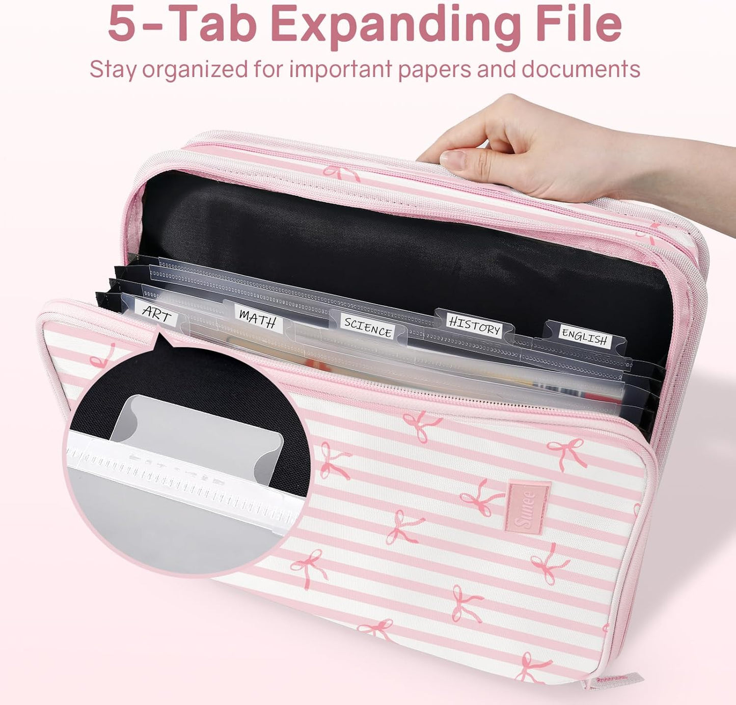 SUNEE Zippered Binder Bag with Handle, 2-Inch 3-Ring O-Ring, 500-Sheet Capacity, Includes Zip Pocket, 5-Tab Expanding File Folder, Multi-Pocket Organizer Binder for Middle School, Pink Bow